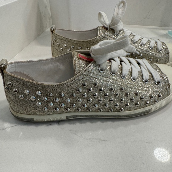 Prada Studded Gold Glitter Tennis Shoes - Size 38 - Picture 1 of 4